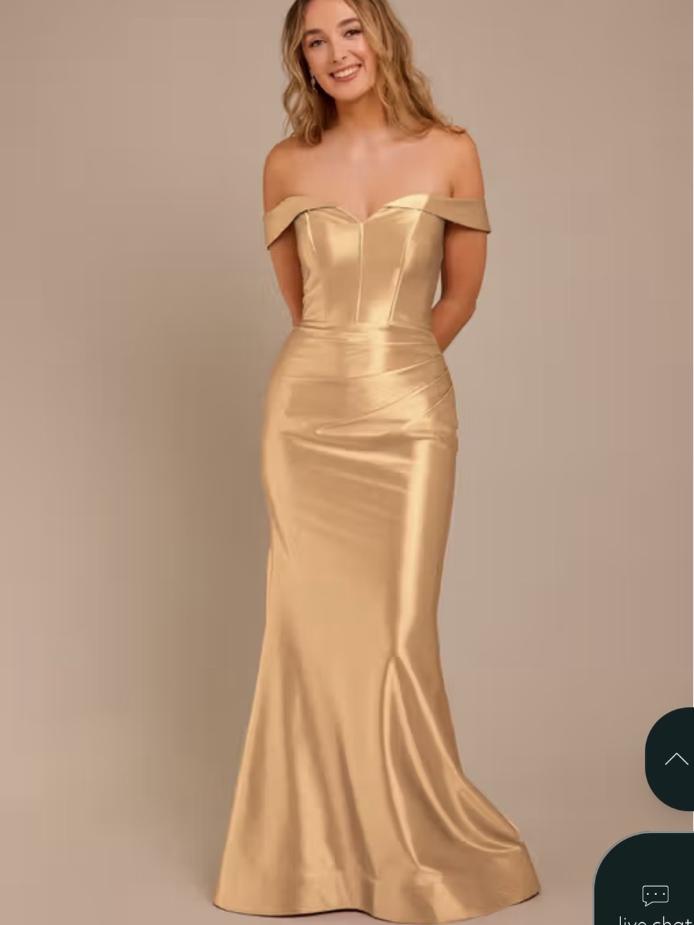 Galina Signature Size 12 Gold Bridesmaid Sculpting Satin Off Shoulder Dress Gown
